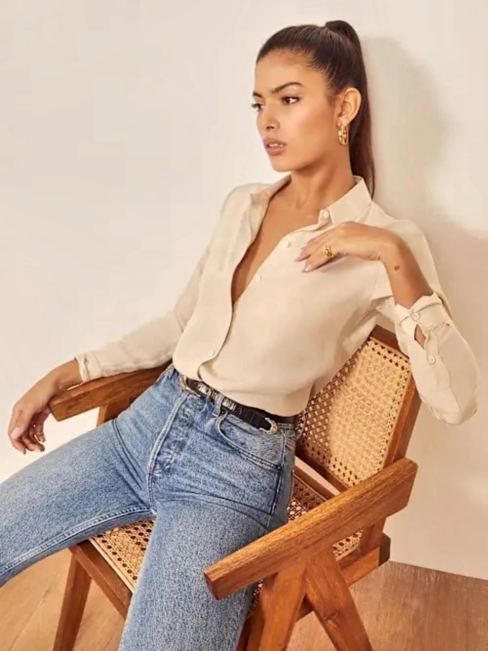 Reformation Anne Top Silk Shirt Almond Button Down